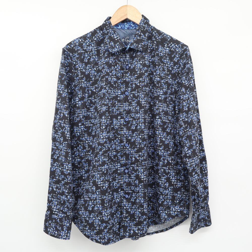 Robert Graham Shirt Sz L Long Sleeve All Over Paisley Plaid Print Blue Black